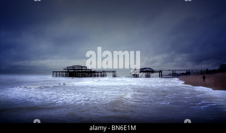 Brighton's West Pier shortly before the last fire. The section to the left of picture survives. Stock Photo