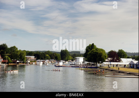 An early morning view from Henley bridge of the River Thames downstream during Henley Regatta week