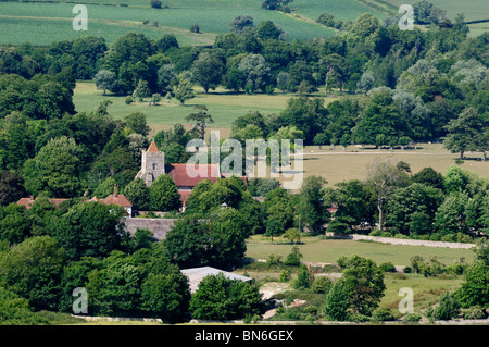 The view of St Peter's church in Firle from Firle Beacon in Sussex, England. Stock Photo