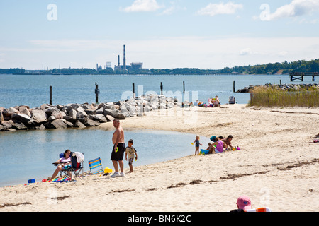 Yorktown, Virginia - Sep 2009 - Sand beach at Riverwalk Landing on York River in Historic Yorktown, Virginia Stock Photo