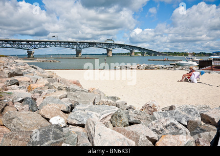 Yorktown, Virginia - Sep 2009 - Sand beach at Riverwalk Landing on York River in Historic Yorktown, Virginia Stock Photo