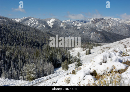 View of the Salmon River / Sawtooth Valley in first winter snow, Idaho, USA Stock Photo