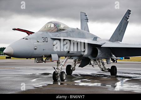 A sleek F-16 Fighting Falcon is parked at the airport on display at the Olympic Air Show in Tumwater (Olympia), Washington. Stock Photo