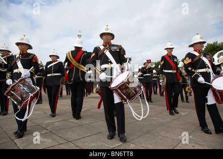 bugler and drummer of the band of HM Royal Marines Scotland at Armed Forces Day 2010 in Bangor County Down Northern Ireland Stock Photo