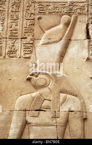 Bas relief alabaster carving of  the falcon god Horus,  the Temple of Horus and Sobek, Kom Ombo, Upper Egypt Stock Photo