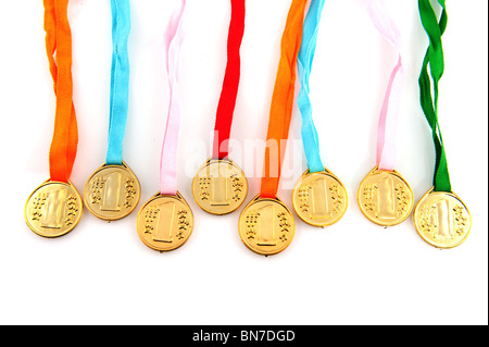 Golden medals with red white blue ribbon for the winner Stock Photo