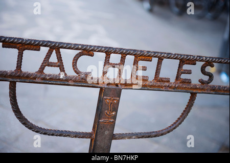 Steel sign at entrance to Tacheles art workshop space on Oranienburger Strasse in Berlin Germany Stock Photo