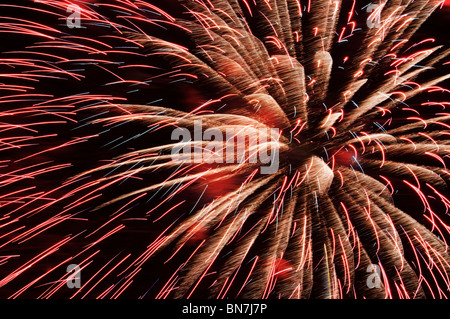 An explosion of fireworks fills the night sky celebrating the Fourth of July in Tumwater, Washington. Stock Photo