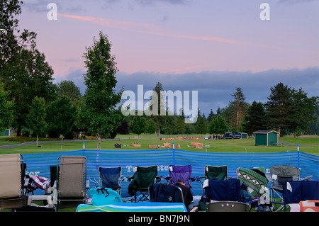 Twilight over the Tumwater Valley golf course in the staging and viewing area for the Thunder Valley Fireworks show extravaganza Stock Photo