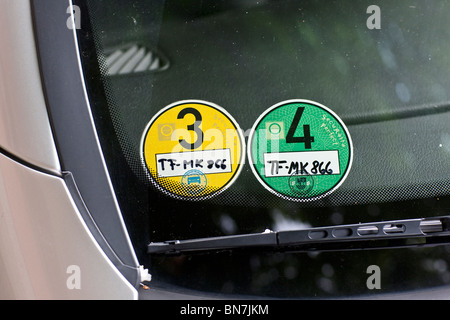 Berlin environmental zone stickers on windshield. Stock Photo