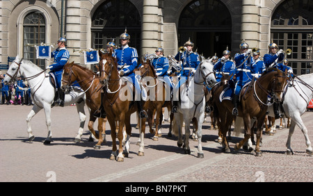 The Swedish Royal Guard at the daily changing of the guard at the royal palace in Stockholm. Stock Photo