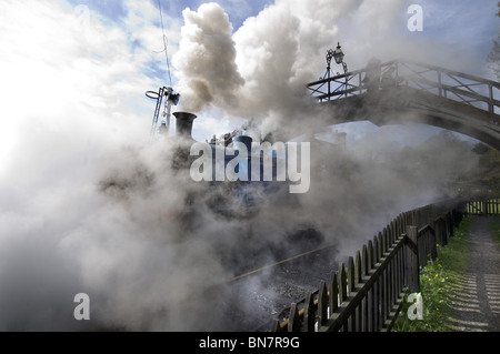 A steam locomotive train puffs under a footbridge at Haverthwaite station in the Lake District, Cumbria England UK Stock Photo