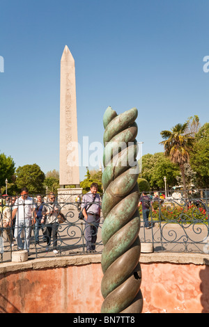 The Serpent Column and Egyptian Obelisk in the Hippodrome, Istanbul, Turkey Stock Photo