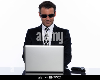 man caucasian hacker computer attack isolated studio on white background Stock Photo