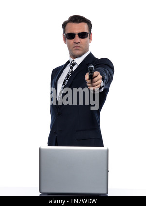 man caucasian hacker computer attack isolated studio on white background Stock Photo