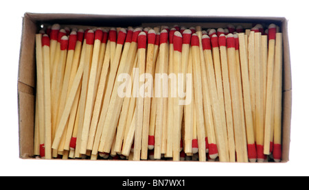 Wooden matchsticks in box isolated on white background. Stock Photo