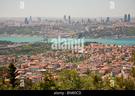 Panoramic view of the Bosphorus Bridge over the Bosphorus Strait, from Camlica Hill, on Asian side of Istanbul, Istanbul, Turkey Stock Photo