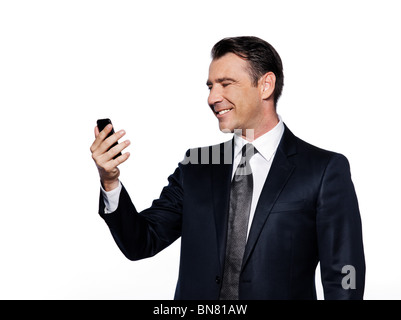 caucasian handsome man holding cell phone happy portrait isolated studio on white background Stock Photo