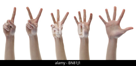 One Two Three Four Five Counting Finger Hands set group isolated on white background. Stock Photo