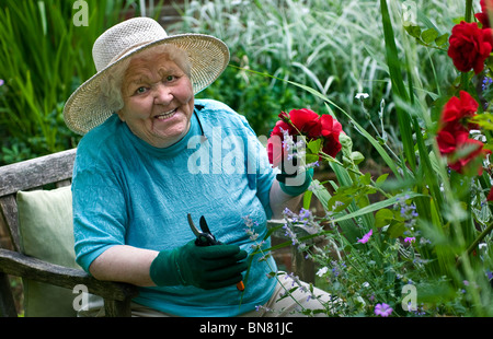 Happy elderly lady pruning roses in her verdant home garden Stock Photo