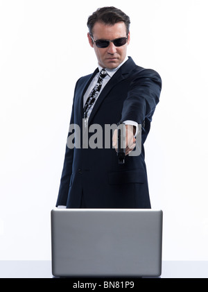 man caucasian hacker computer attack isolated studio on white background Stock Photo