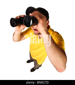 funny man with binoculars isolated on white background Stock Photo