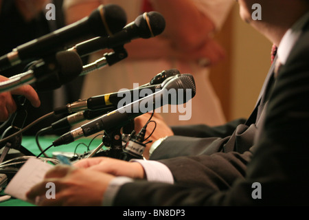 Microphones at a media press conference. Stock Photo