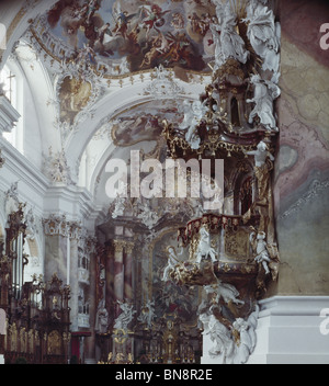 Ottobeuren Abbey, Bavaria, designed by Johann Michael Fischer (1692-1766) View towards high altar and pulpit Stock Photo