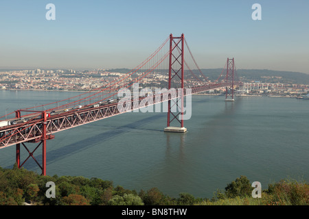Suspension bridge Ponte 25 de Abril over the Tagus river in Lisbon, Portugal