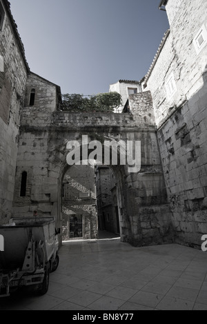 One of the main gates entering the ancient Roman ruins of Diocletian's palace in Split, Croatia. Stock Photo