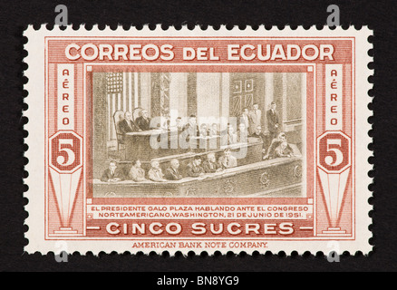 Postage stamp from Ecuador depicting former president Galo Plaza addressing the United States Congress. Stock Photo