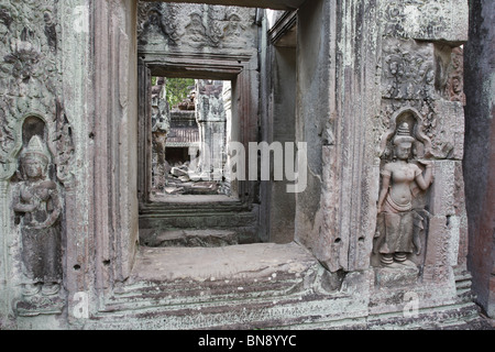 Corridor flanked by devata, female deities, in Preah Khan temple, in the Angkor Archaological Park. Stock Photo