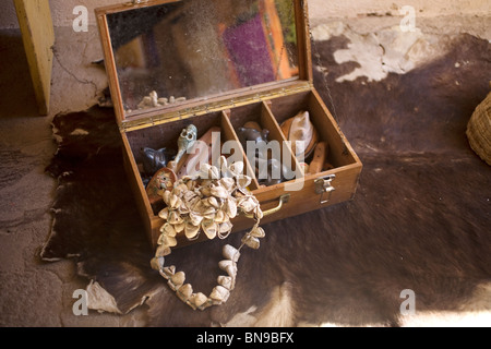 Mesoamerican Pre-Hispanic musical instruments inside a suitcase, in Mineral de Pozos, Nuevo Leon State, Mexico Stock Photo