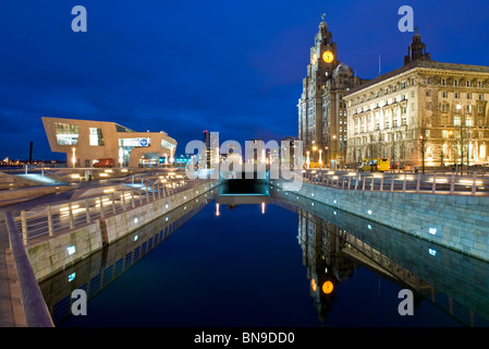 The Pier Head New Ferry Terminal Building & Liver Building at Night, Pier Head, Liverpool, merseyside, England, UK Stock Photo