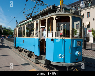 View of vintage tram carrying tourists to Liseberg amusement park in Gothenburg in Sweden Scandinavia Stock Photo