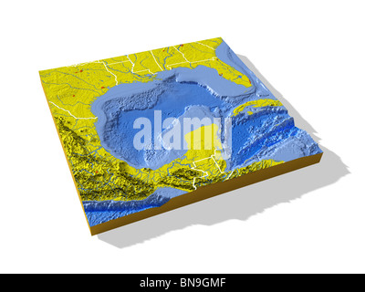 Gulf of Mexico, 3D relief map with urban areas and borders. Stock Photo