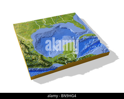 Gulf of Mexico, 3D relief map with urban areas and borders. Stock Photo