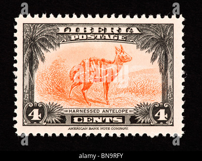 Postage stamp from Liberia depicting a harnessed antelope. Stock Photo