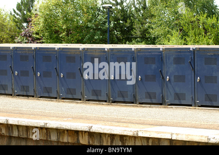 Bicycle storage units at Widney Manor station, West Midlands, England, UK Stock Photo