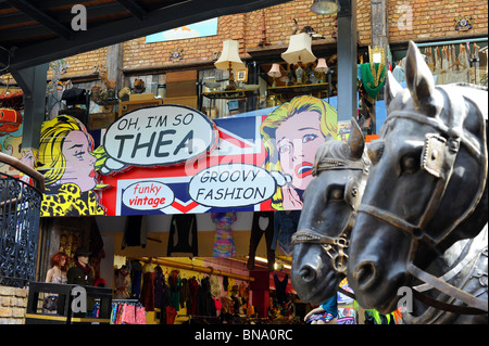 Shops, stalls and horses in Stables Market area of Camden Market, Camden Lock, London. Stock Photo