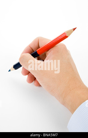 hand holding a red and blue pencil with white background Stock Photo ...
