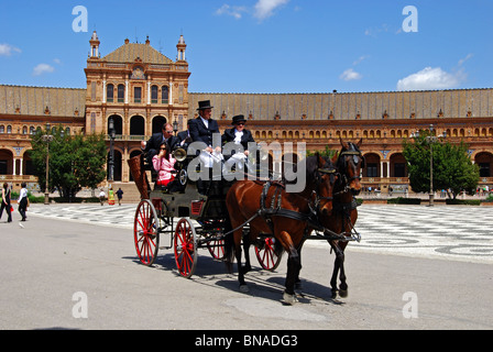 Horse drawn carriage in the Plaza de Espana, Seville, Seville Province, Andalucia, Spain, Western Europe. Stock Photo