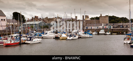 UK, Wales, Gwynedd, Caernarfon, Victoria Dock, leisure boats moored in harbour, panoramic Stock Photo