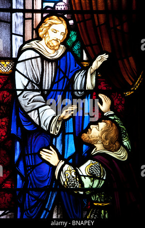 Detail from a selection of religious stained glass in St. Paul's Anglican Church in Halifax, Nova Scotia. Stock Photo