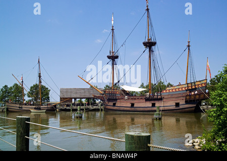 Replicas of sailing ships that arrived in 1607 at the first permanent English colony in America can be visited at Jamestown Settlement, Virginia, USA. Stock Photo