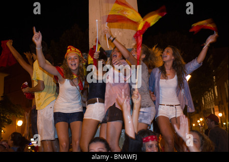 Spanish fans celebrate Spain's win over Germany in the FIFI World Cup semi finals. Passeig del Borne, Palma, Mallorca, Spain. Stock Photo