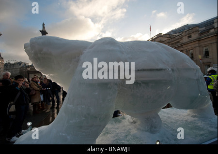 The life-size ice sculpture of a Polar bear by Mark Coreth,  slowly melting to reveal a bronze skeleton. Stock Photo