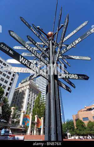 sign in pioneer courthouse square, in downtown portland oregon Stock Photo