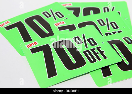 Tags offer 'up to 70 per cent off.' Stock Photo