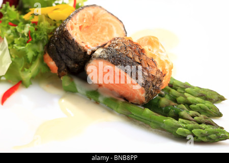 Rosemary roasted salmon served with asparagus Stock Photo